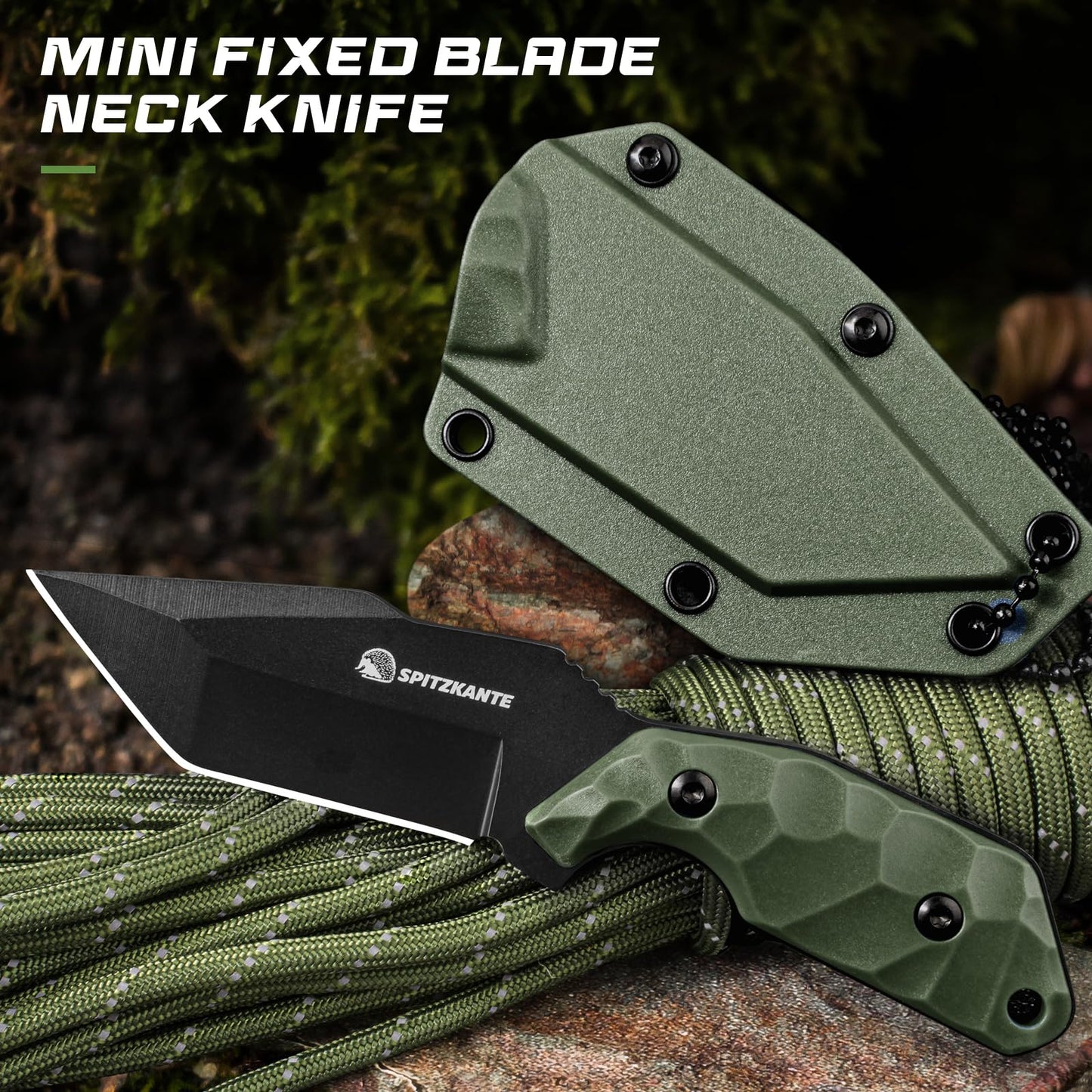 Neck Knife with Sheath and Necklace X-TAN-K, Horizontal Carry Knife with Full Tang Tanto 5Cr14MoV Steel Blade, Khaki ABS Handle, EDC, Outdoor, Camping & Hiking