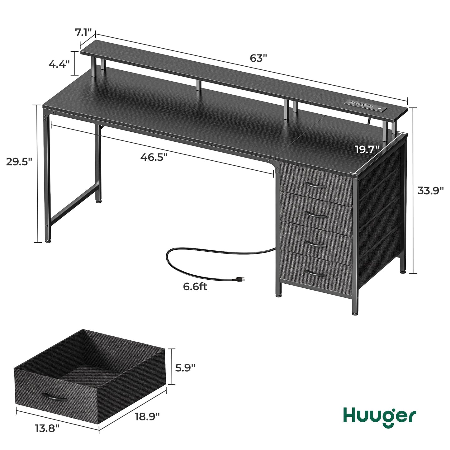 Huuger 47 Inch Computer Desk with Power Outlets and LED Lights, Gaming Desk with 4 Drawers, Office Desk with Monitor Stand, Study Work Home Office, Small Spaces, Black