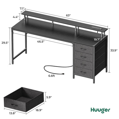 Huuger 47 Inch Computer Desk with Power Outlets and LED Lights, Gaming Desk with 4 Drawers, Office Desk with Monitor Stand, Study Work Home Office, Small Spaces, Black