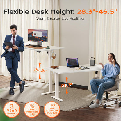 Huuger 55 x 28 Large Electric Standing Desk, Height Adjustable Computer Desk, 27.6" Deep Desktop, Stand up Gaming Office Table with 2 Hooks, 3 Preset Heights, for Home Office, Black