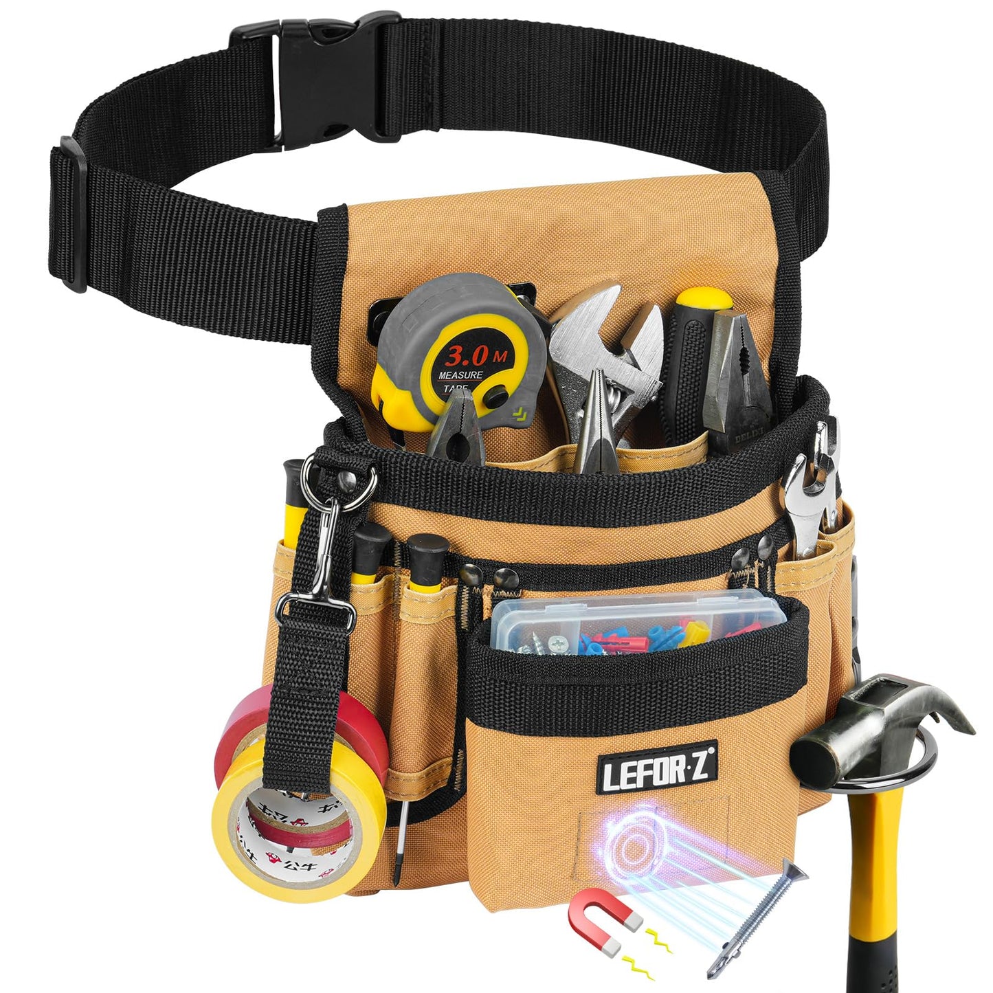 Tool Belt,Magnetic Tool Pouch,14-Pockets Tool Belts for Men,Detachable & Adjustable Tool Pouch belt for Electrician,Carpenter,Construction,Work Apron,Utility Belt,Black-Yellow