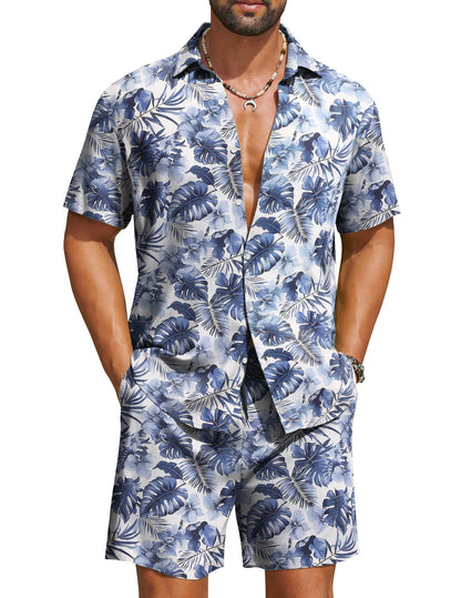 COOFANDY Men's Hawaiian Matching Set Summer Beach 2 Piece Outfits Flower Button Down Shirts and Shorts Vacation Outfits