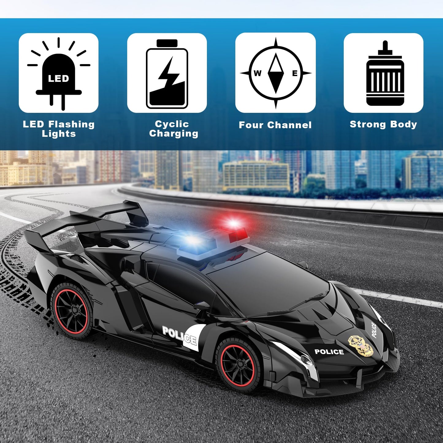 FDJ Remote Control Car - Transform Toys Car Robot, One Button Deformation to Robot with Flashing Light, 2.4Ghz 1:18 Scale Transforming Police Car Kids Toys with 360 Degree Rotating, Girls Boys Toys