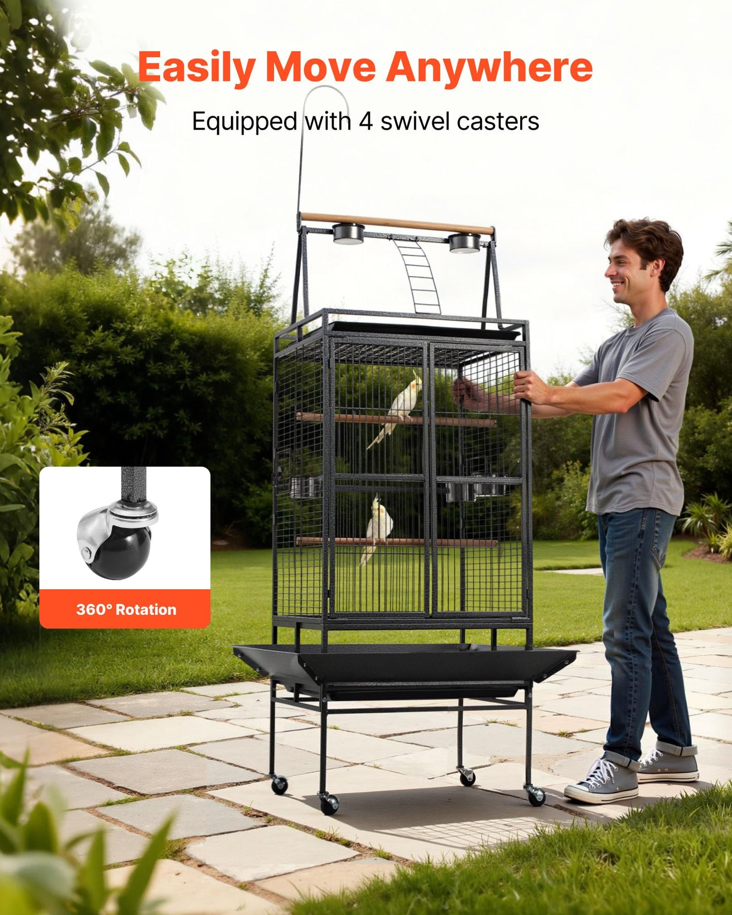 VEVOR Bird Cage, 24.6 x 16.7 x 53.9 inch, Flat Top, Wrought Iron Bird Flight Cage with Perches, Slide-Out Tray and Plastic Feeders, Casters, for Parrot, Blue Tit, Cockatiel, Canary, Budgerigar, Conure