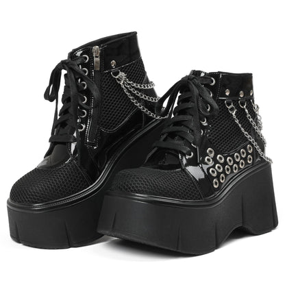 Women's Black Platform Boots Wedge Goth Round Toe Lace Up Chain Mesh Punk Combat Ankle Booties