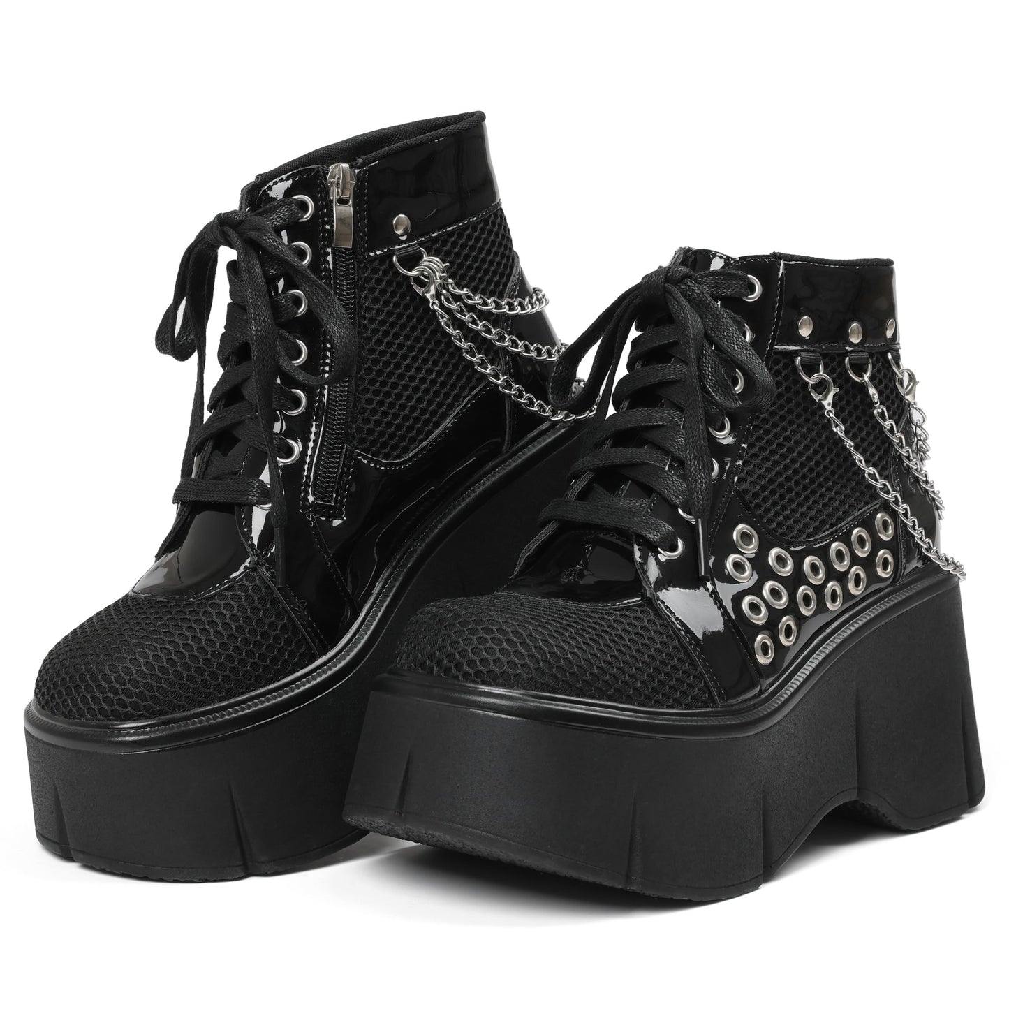 Women's Black Platform Boots Wedge Goth Round Toe Lace Up Chain Mesh Punk Combat Ankle Booties