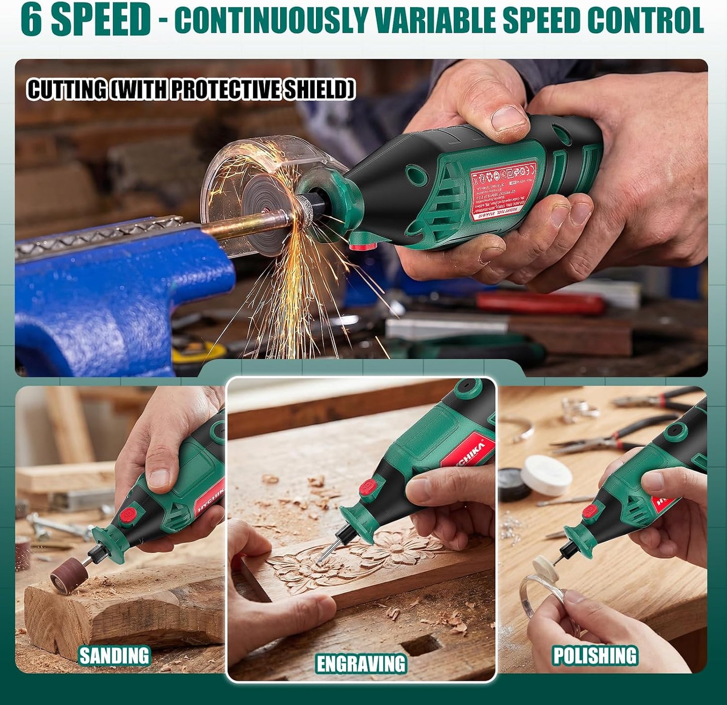 HYCHIKA 8000-35000 RPM Variable Speed Rotary Tool Kit with 179 Pcs Accessories, 180W Power Rotary Tool with Grinding Chain Bracket Flex Shaft for Wood Carving, Grinding, Cutting, Sanding, Polishing