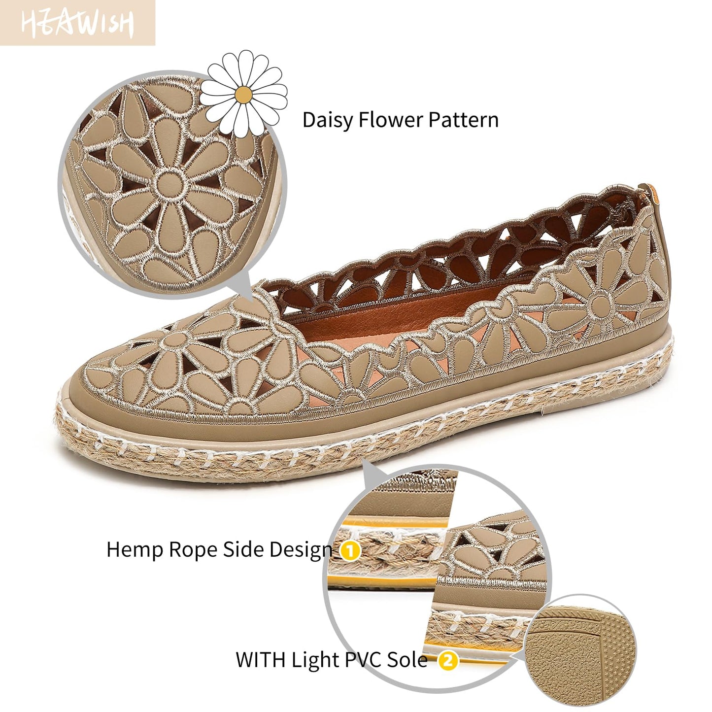 HEAWISH Women’s Ballet Flat Daisy Round Toe Dress Shoes Casual Slip On Rope Loafer