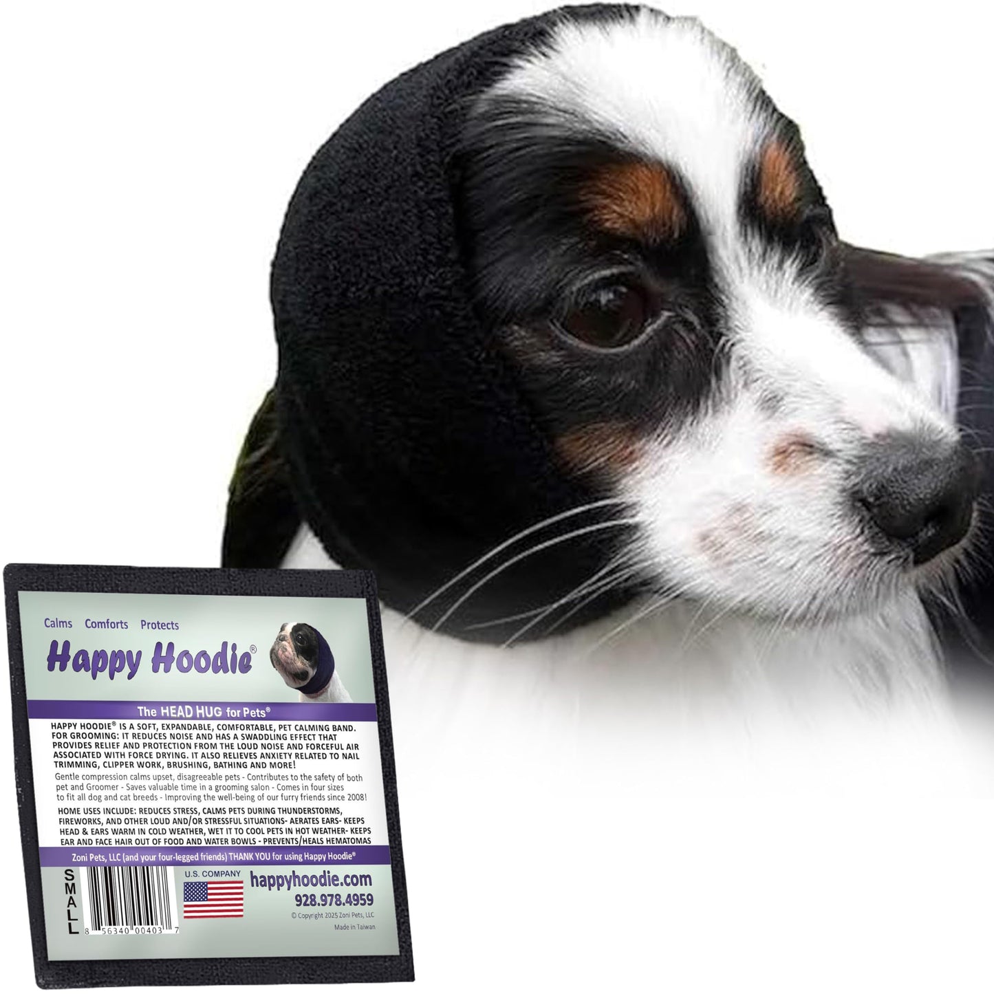 Happy Hoodie The Original Dog & Cat Calming Band - American Brand - Anxiety Relief/Noise Protection - Grooming - Thunder - Fireworks (Large, Black) - Since 2008