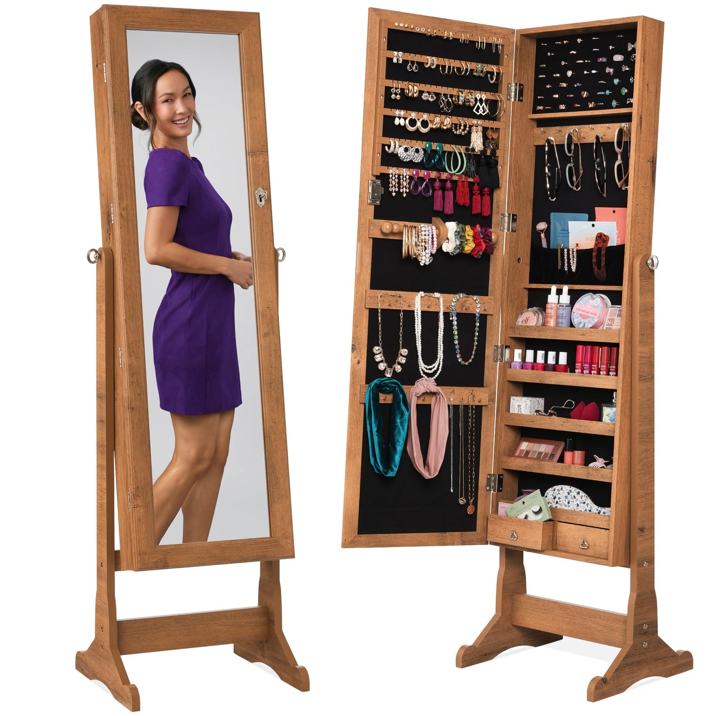 Best Choice Products Freestanding Jewelry Armoire Cabinet, Full Length Standing Mirror, Lockable Makeup Storage Organizer, w/Velvet Lining, 3 Angles, Lock, Accessory Pouch, 5 Shelves - White