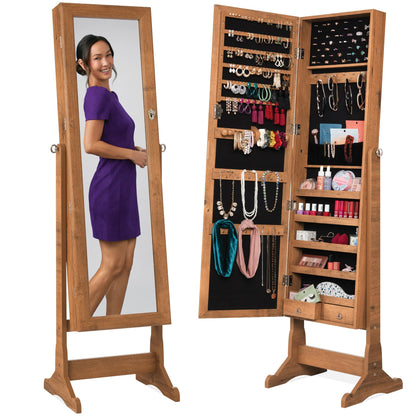 Best Choice Products Freestanding Jewelry Armoire Cabinet, Full Length Standing Mirror, Lockable Makeup Storage Organizer, w/Velvet Lining, 3 Angles, Lock, Accessory Pouch, 5 Shelves - White