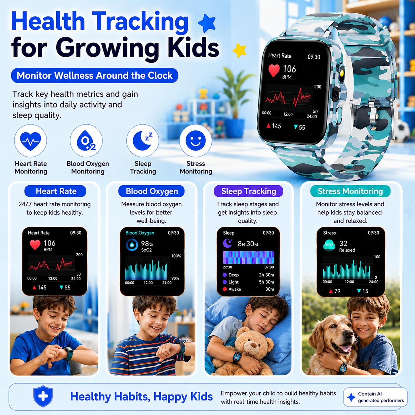 Smart Watch for Kids Boys Age 5-12, Ai Functions Games HD Touch Screen Watches with Video Camera Music Player Pedometer Heart Rate Sleep Tracker Christmas Birthday Gifts for Boys (Camouflage, 1.85")