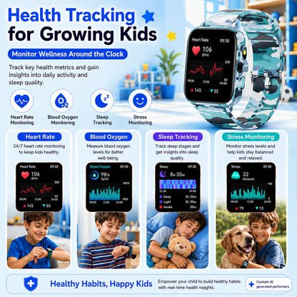 Smart Watch for Kids Boys Age 5-12, Ai Functions Games HD Touch Screen Watches with Video Camera Music Player Pedometer Heart Rate Sleep Tracker Christmas Birthday Gifts for Boys (Camouflage, 1.85")