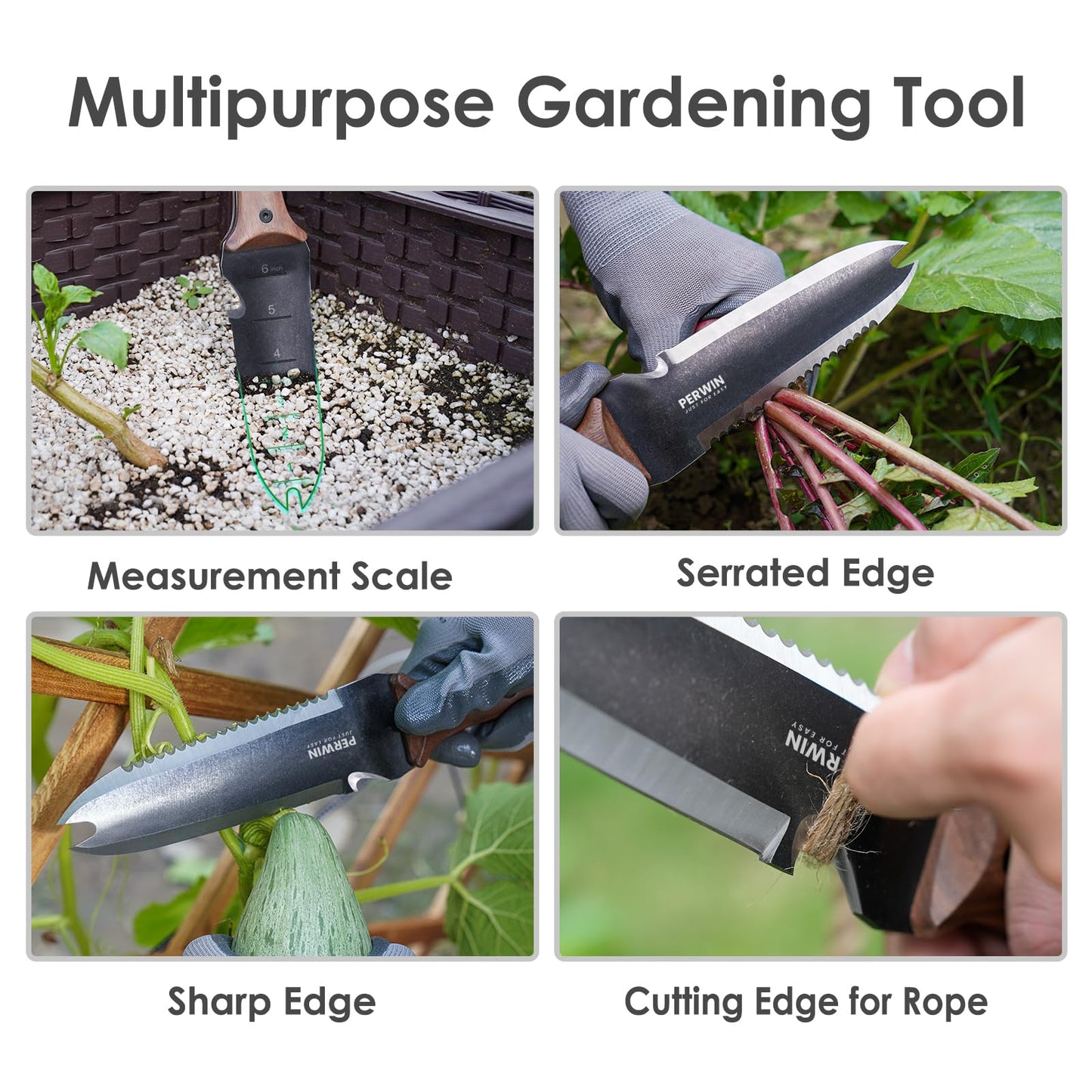 PERWIN Hori Hori Garden Knife, Garden Tools with Sheath for Weeding, Planting, Digging, 7" Stainless Steel Blade with Cutting Edge, Full-Tang Wood Handle with Hanging Hole
