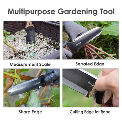 PERWIN Hori Hori Garden Knife, Garden Tools with Sheath for Weeding, Planting, Digging, 7" Stainless Steel Blade with Cutting Edge, Full-Tang Wood Handle with Hanging Hole