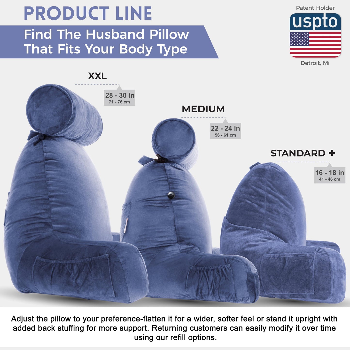 Husband Pillow XXL The Original for Adults - 30" Tall Backrest for Sitting Up in Bed - Firm Support Reading & Bed Rest Pillows for Adults, Neck Roll, Removable Cover - TV - Dark Grey