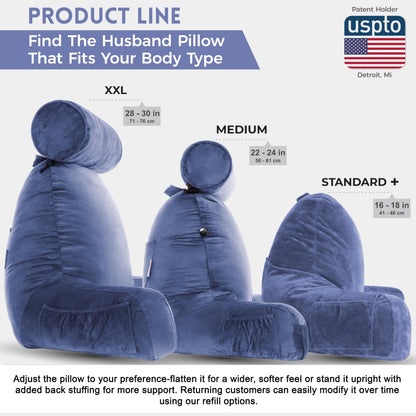 Husband Pillow XXL The Original for Adults - 30" Tall Backrest for Sitting Up in Bed - Firm Support Reading & Bed Rest Pillows for Adults, Neck Roll, Removable Cover - TV - Dark Grey