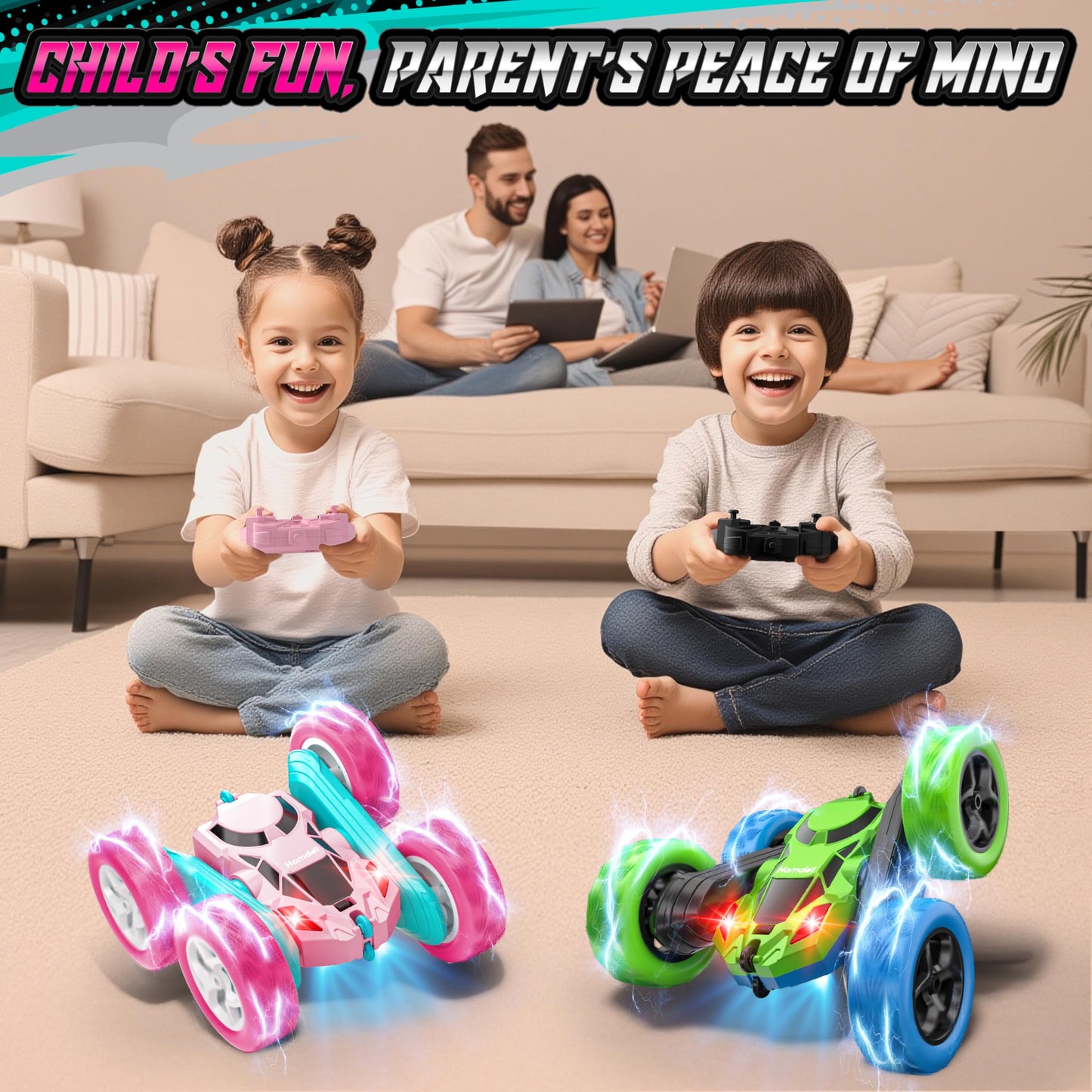 Hamdol Remote Control Car for Kids, 360° Rotating Double-Sided RC Car with LED Headlights, 4WD 2.4GHz Electric Rechargeable Toy Vehicle for Boys and Girls, Perfect Birthday