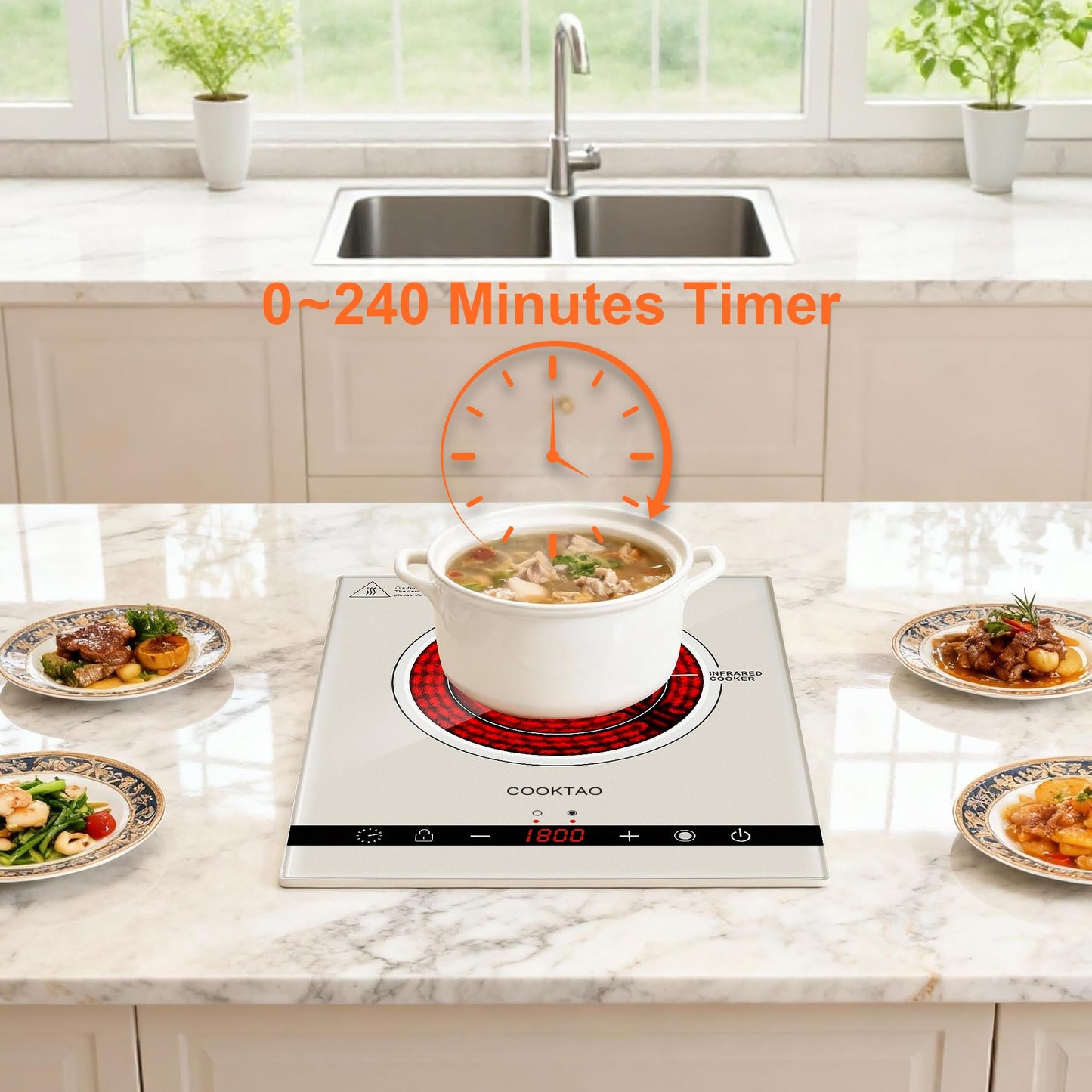 Dual Coil Design of 2 Burner Electric Cooktop, 1800W Ceramic Hot Plate for Cooking, Infrared Double Burner Portable Countertop or 24inch Built-in Radiant Stove Top Cooker, Compatible with All Cookware