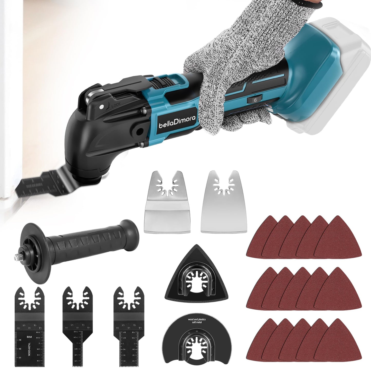 bellaDimora Oscillating Multi-Tool Compatible with DeWalt 20V MAX, 600W Brushless Motor (6000-20000 OPM), 23-Piece Accessory Kit for Cutting Sanding Scraping, Heavy-Duty Power Tool(No Battery)