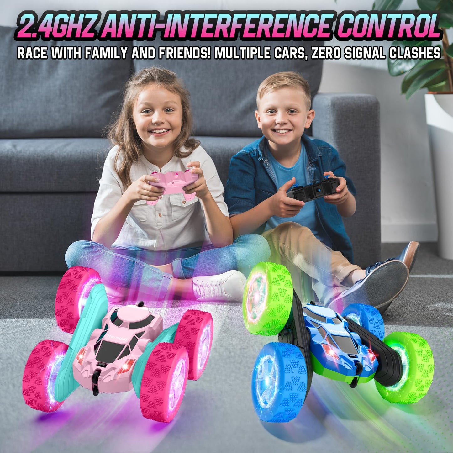 Hamdol Remote Control Car for Kids, 360° Rotating Double-Sided RC Car with LED Headlights, 4WD 2.4GHz Electric Rechargeable Toy Vehicle for Boys and Girls, Perfect Birthday