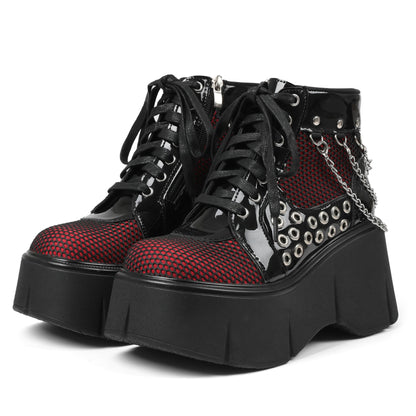 Women's Black Platform Boots Wedge Goth Round Toe Lace Up Chain Mesh Punk Combat Ankle Booties