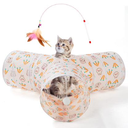 Tempcore Pet Cat Tunnel Tube Toys 3 Way Collapsible, Tunnels for Indoor Cats, Interactive Tube with Teaser Wand, Peek Holes & Hanging Ball, Black & Blue
