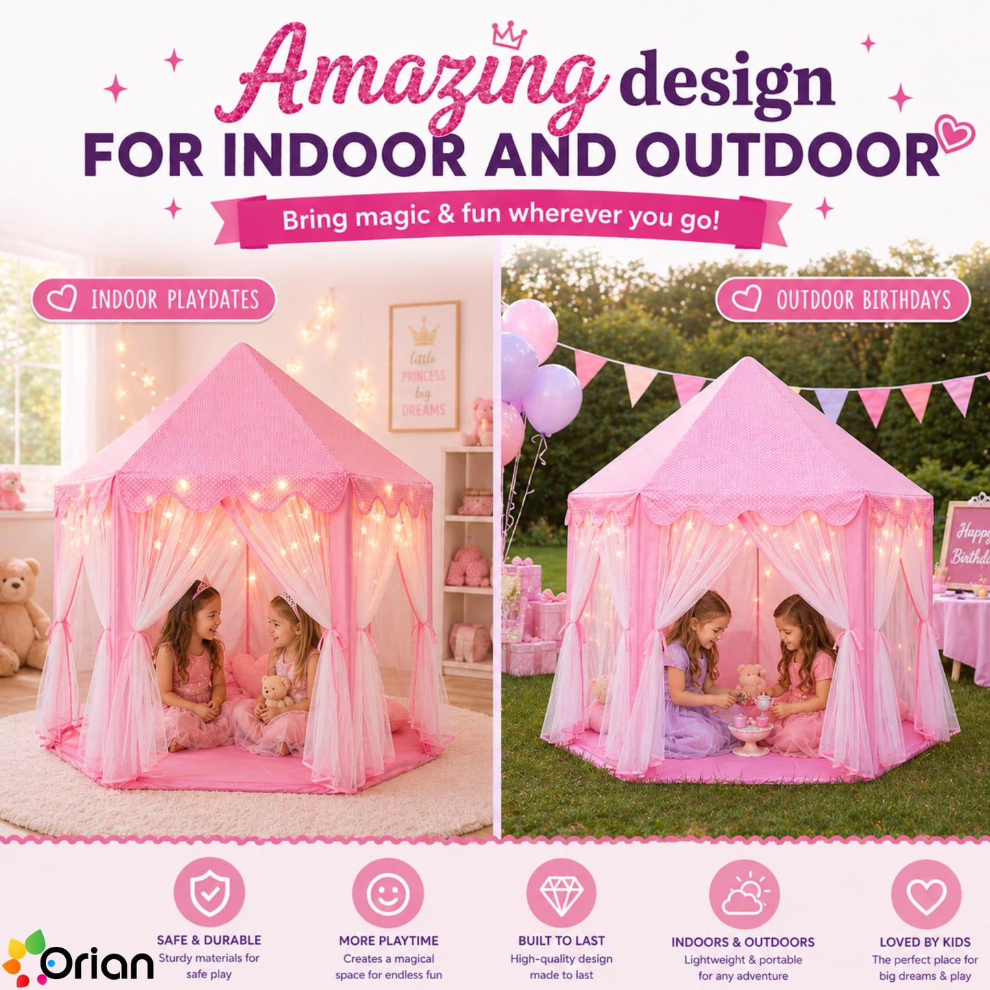 Orian Princess Tent for Kids, Toddler & Kids Pink Play Tent Indoor & Outdoor Princess Castle Fort for Girls and Toddlers Ages 2-7, 55”x53”, LED Star Lights, Children’s Toys and Gifts for Girls