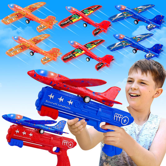 LJZJ 3 Pack Airplane Launcher Toys, 2 Flight Modes LED Foam Glider Catapult Plane, Outdoor Flying Toy for Kids, Birthday Gifts for Boy Girl 3+ Year Old, B-Day Party Supplies
