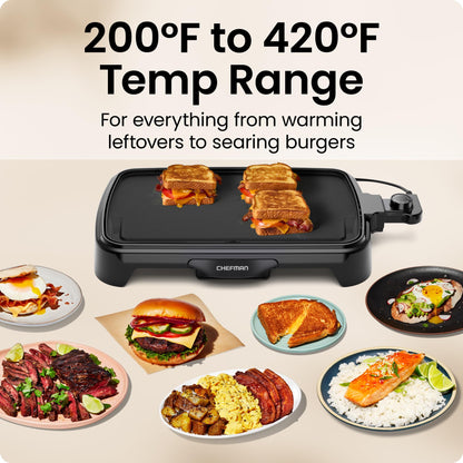 Chefman XL Electric Griddle with Removable Temperature Control, Immersible Flat Top Grill, Burger, Eggs, Pancake Griddle, Nonstick Extra Large Cooking Surface, Slide Out Drip Tray, 10 x 20 Inch