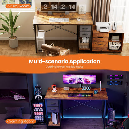 Sweetcrispy 47 Inch Computer Desk with Drawers for Home Office Writing Desk X Shaped Reinforcement Wood Surface Adjustable Position Modern Study Work Side Hook Metal Frame Storage Station Rust