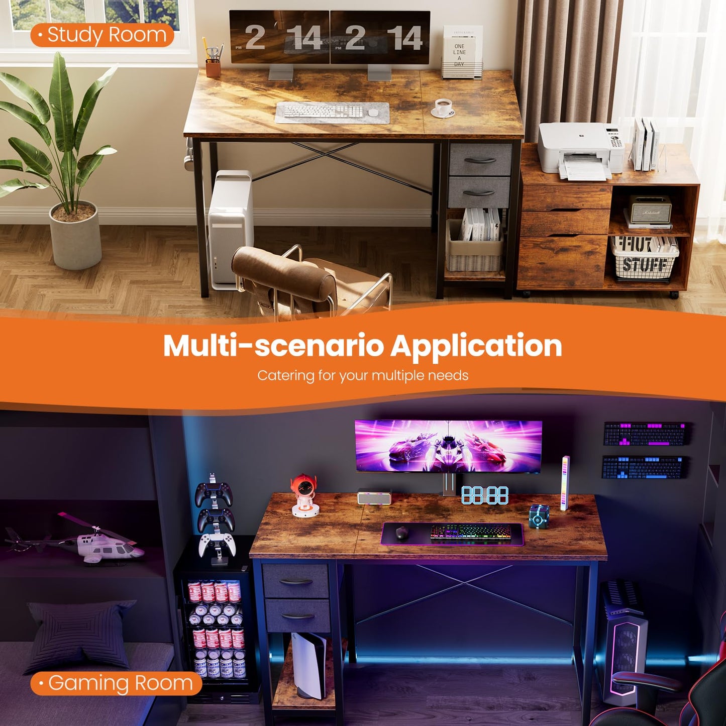 Sweetcrispy 47 Inch Computer Desk with Drawers for Home Office Writing Desk X Shaped Reinforcement Wood Surface Adjustable Position Modern Study Work Side Hook Metal Frame Storage Station Rust
