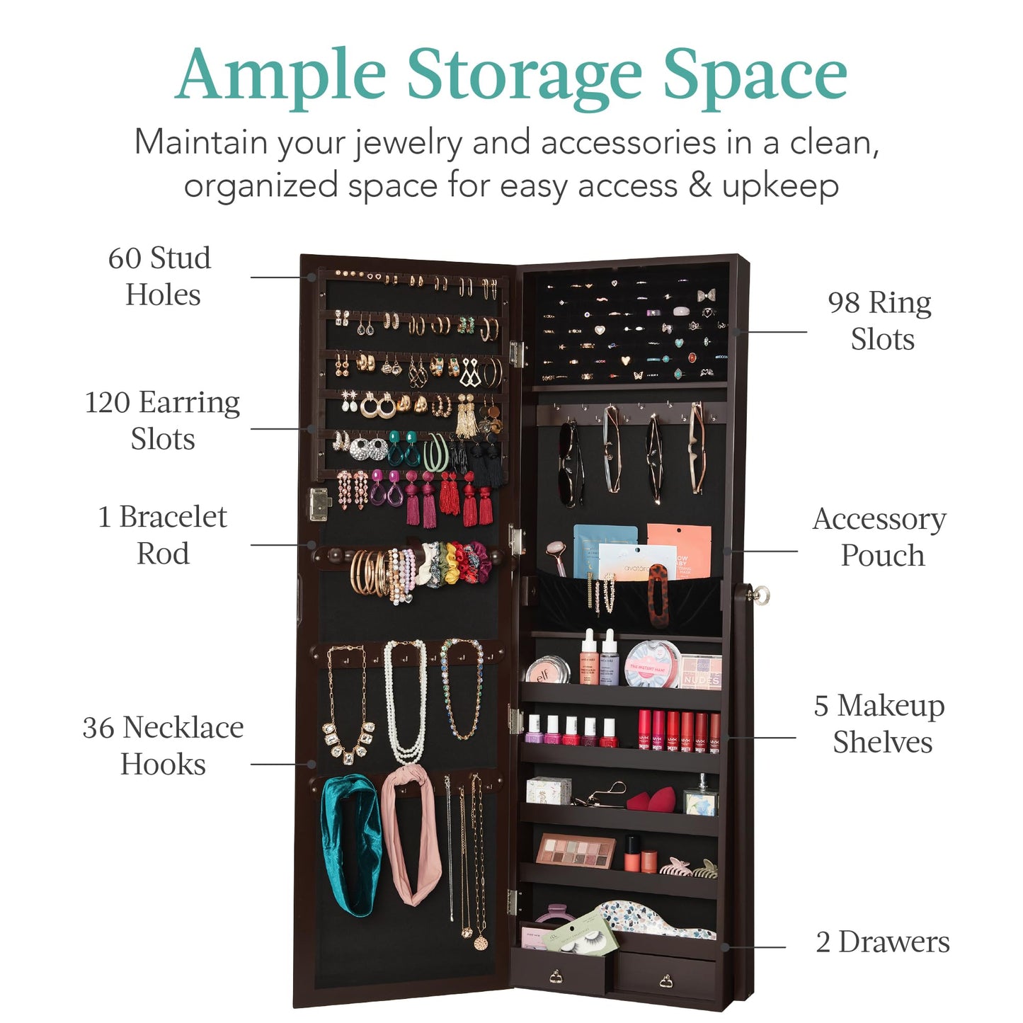 Best Choice Products Freestanding Jewelry Armoire Cabinet, Full Length Standing Mirror, Lockable Makeup Storage Organizer, w/Velvet Lining, 3 Angles, Lock, Accessory Pouch, 5 Shelves - White