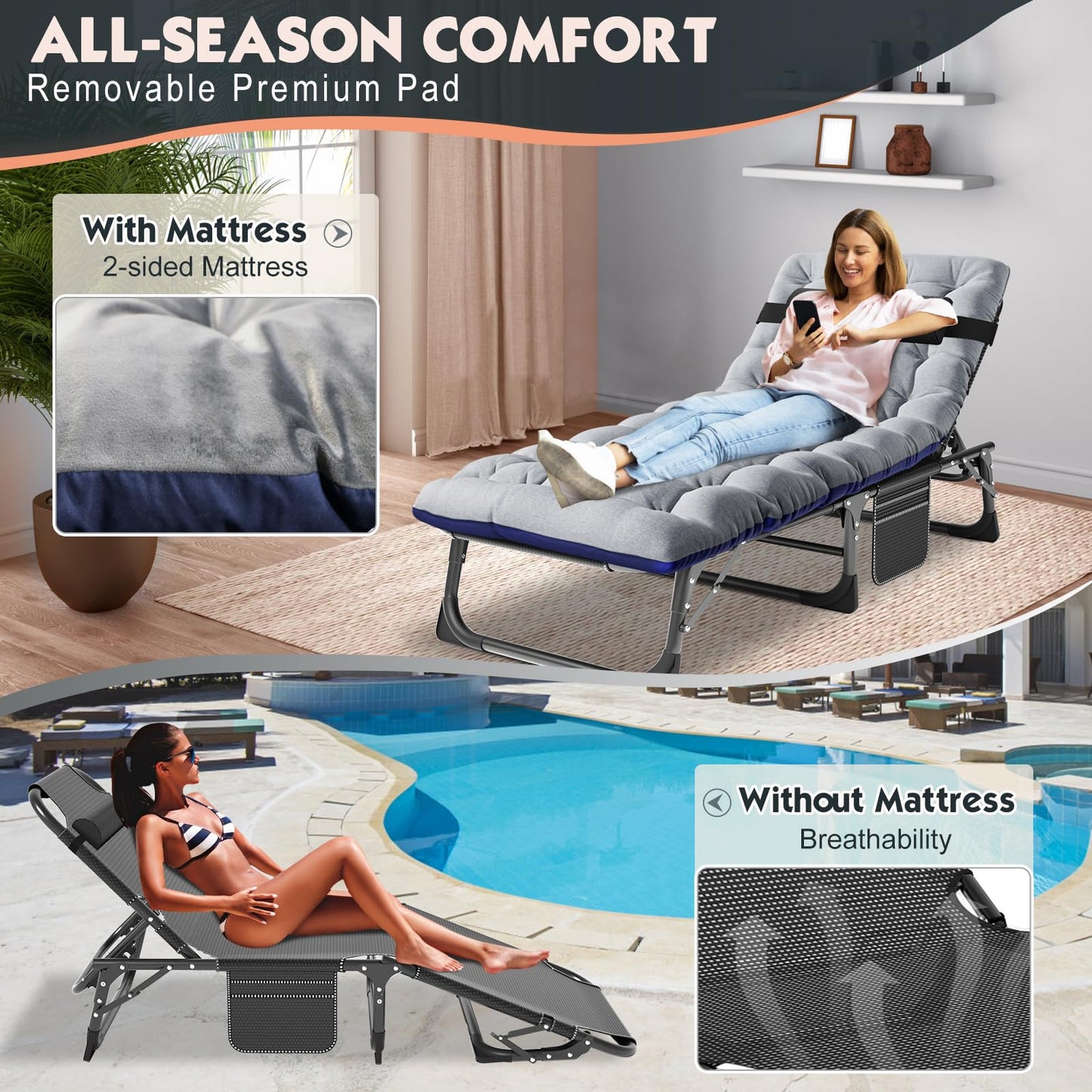 MOPHOTO Folding Lounge Chair 5-Position, Folding Cot, Portable Outdoor Chaise Lounge Chair for Sun Tanning, Perfect for Pool Beach Patio Sunbathing
