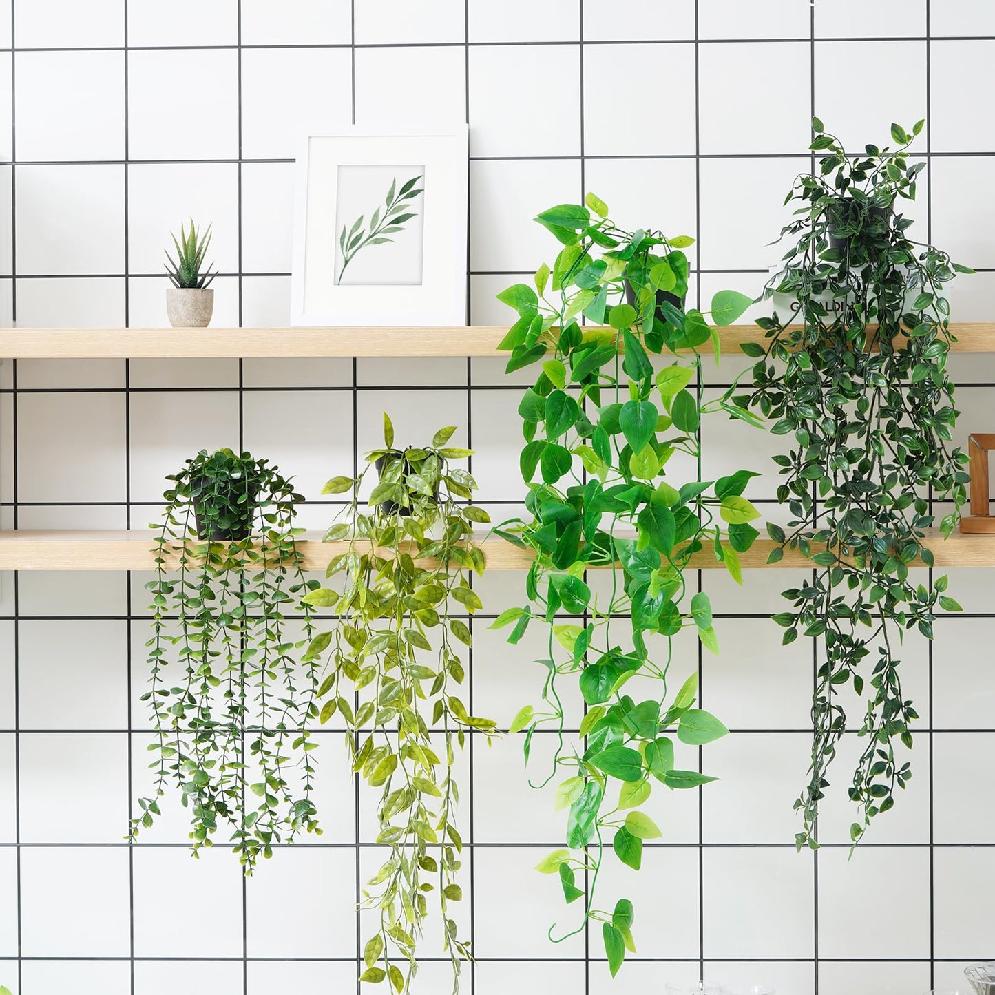 BLEUM CADE Fake Hanging Plants, 2pcs Artificial Pothos Vines Faux Plants Greenery for Wall Home Living Room Office Indoor Outdoor Decor (No Baskets)