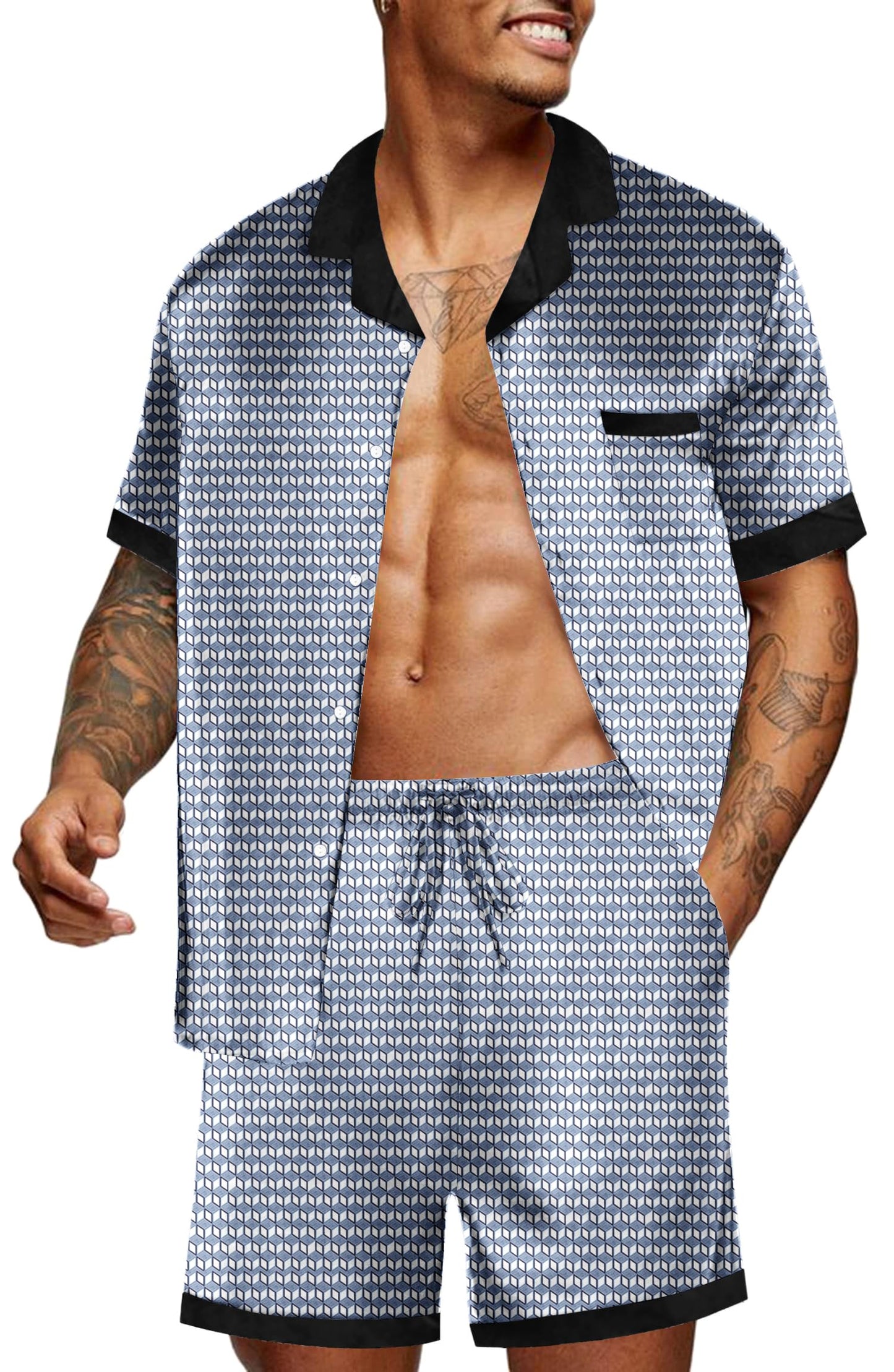 Ekouaer Men Satin Silk Pajamas Set with Pockets Sleepwear Shorts Satin Summer Loungewear 2 Piece Button Down Set S-3XL