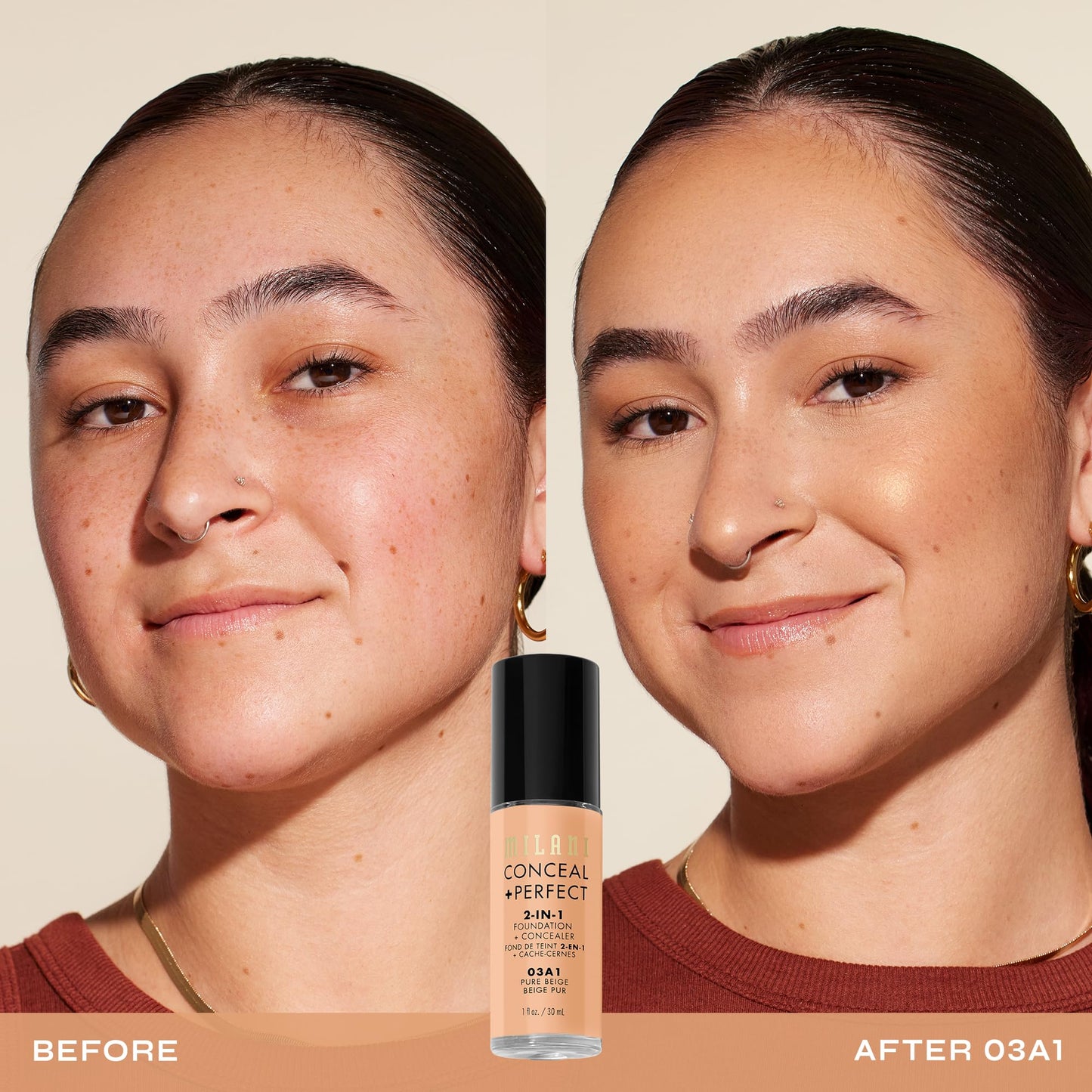 Milani Conceal + Perfect 2-in-1 Foundation + Concealer for a Flawless Complexion, Under Eye Corrector, Cover Redness and Imperfections, Waterproof and Sweatproof - 05A-Natural Beige