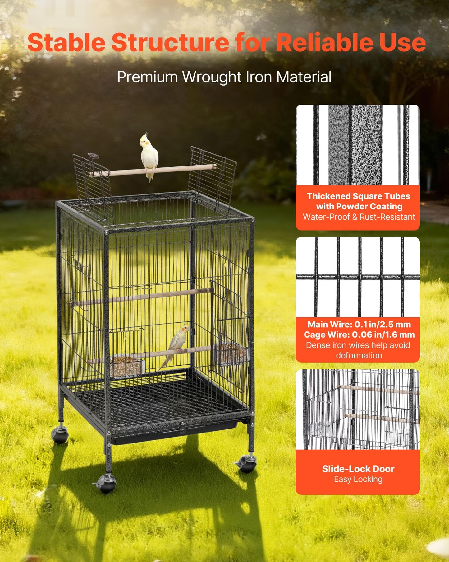 VEVOR Bird Cage, 24.6 x 16.7 x 53.9 inch, Flat Top, Wrought Iron Bird Flight Cage with Perches, Slide-Out Tray and Plastic Feeders, Casters, for Parrot, Blue Tit, Cockatiel, Canary, Budgerigar, Conure