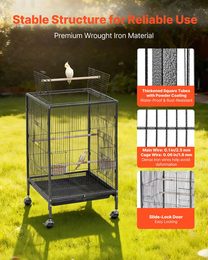 VEVOR Bird Cage, 24.6 x 16.7 x 53.9 inch, Flat Top, Wrought Iron Bird Flight Cage with Perches, Slide-Out Tray and Plastic Feeders, Casters, for Parrot, Blue Tit, Cockatiel, Canary, Budgerigar, Conure
