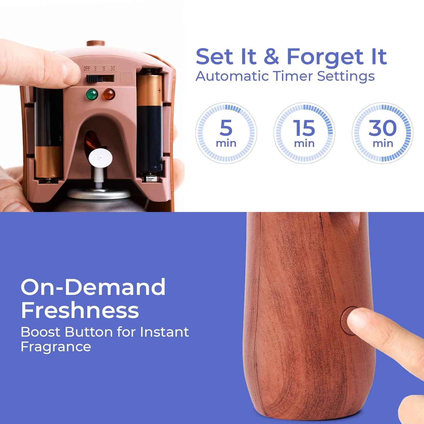 Automatic Air Freshener Spray Dispenser: Automatic Spray Dispenser with Elegant Wood Design for Commercial or Home Use (1-Pack), Battery Powered Free Standing or Wall Air freshener, Three Time Release