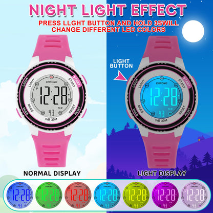 DTKID Digital Kids Watch 30 M Waterproof, 7 Color Lights Time Teaching Watch Easy to Read for Girls Boys 5-16