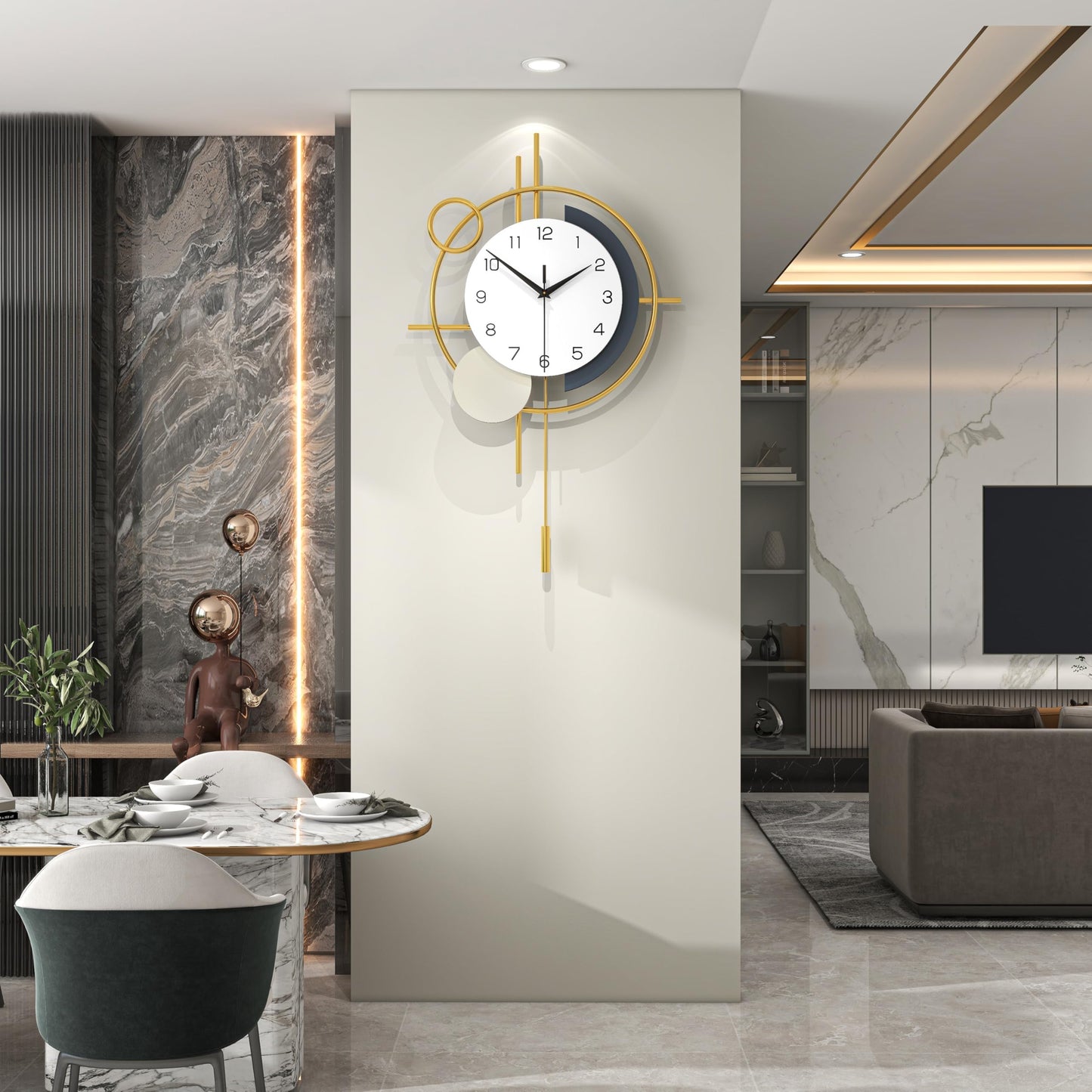 Wall Clock Decorative Large Modern Wall Clock Silent Non-Ticking Battery Operated Gold Unique Pendulum Clock for Living Room,Bedroom,Office,Kitchen,Bathroom,Wall Decor 13.8x21.9in