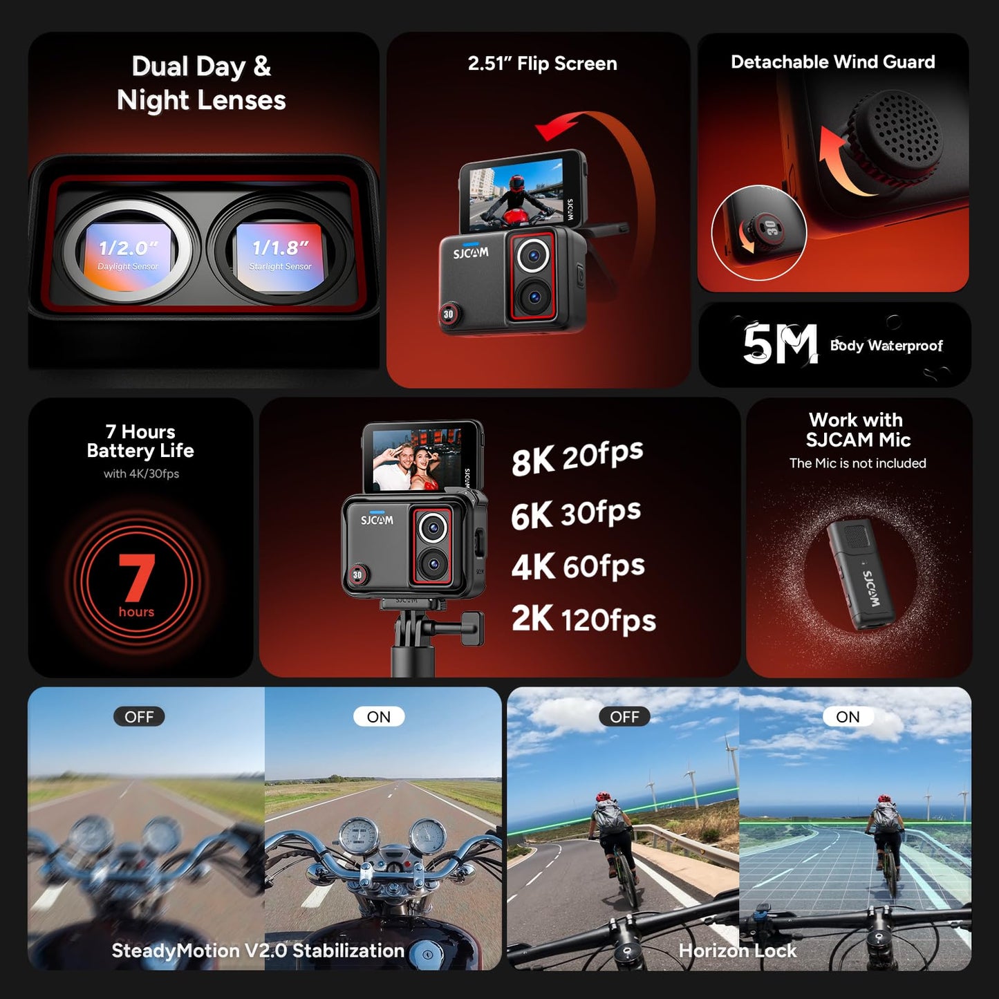 SJCAM SJ30 6K Action Camera with Wireless Microphone,8K/6K/5K/4K Image,5M Body Waterproof 2.51” Flip Touch Screen,Low Light,7H Battery Handle,SteadyMotion 2.0 Stabilization,for Travel (Creator Combo)