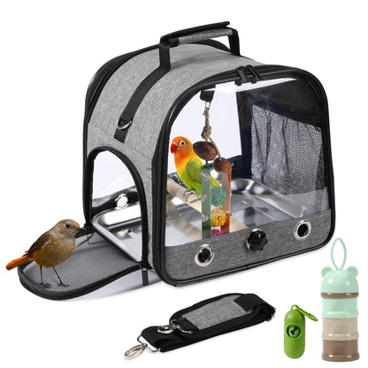 Bird Carrier Bag with Stand, Lightweight Backpack for Parrot, Portable Cockatiel Travel Cage with Accessories, Pet Transparent Breathable Carrier, Gray