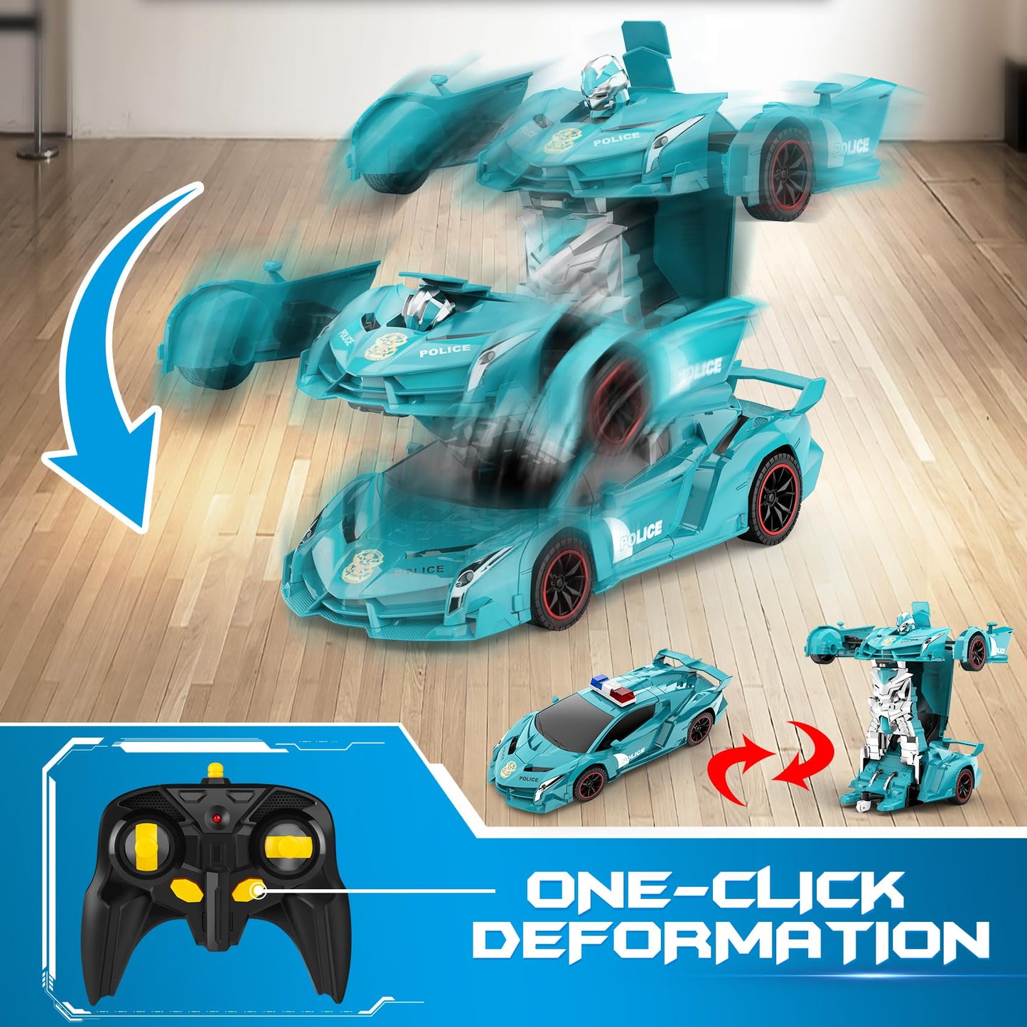FDJ Remote Control Car - Transform Toys Car Robot, One Button Deformation to Robot with Flashing Light, 2.4Ghz 1:18 Scale Transforming Police Car Kids Toys with 360 Degree Rotating, Girls Boys Toys