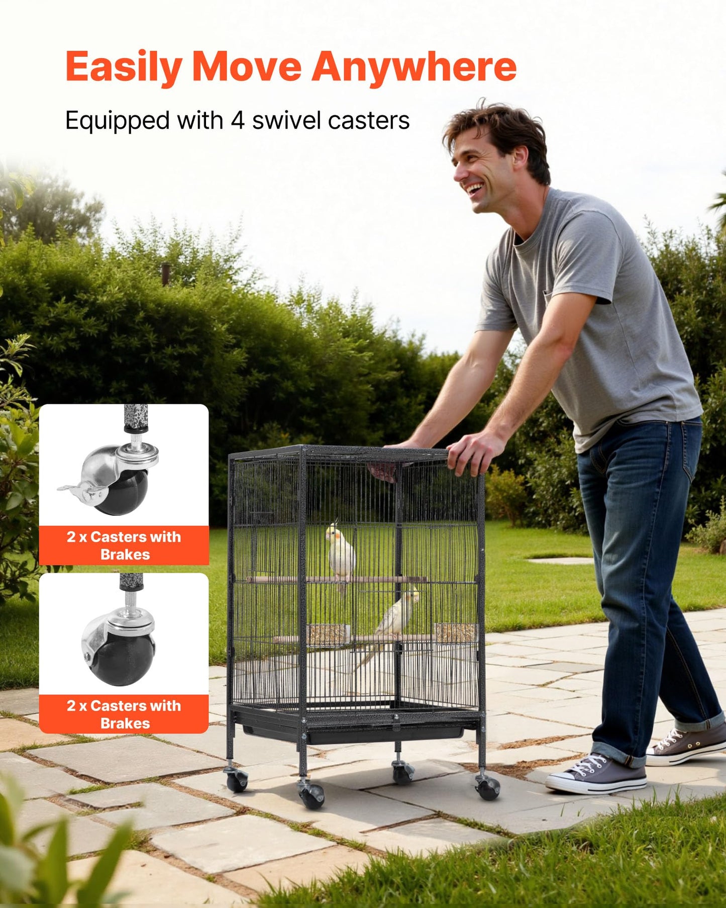 VEVOR Bird Cage, 24.6 x 16.7 x 53.9 inch, Flat Top, Wrought Iron Bird Flight Cage with Perches, Slide-Out Tray and Plastic Feeders, Casters, for Parrot, Blue Tit, Cockatiel, Canary, Budgerigar, Conure