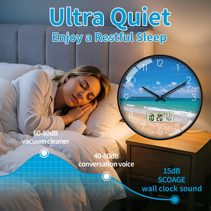 Wilderness Sunset Wall Clock, 12 Inch Silent Non-Ticking Battery Operated Analog Clock with LCD Date Day Temp Display, Decorative for Living Room, Bedroom, Kitchen, Office, Farmhouse, Cabin