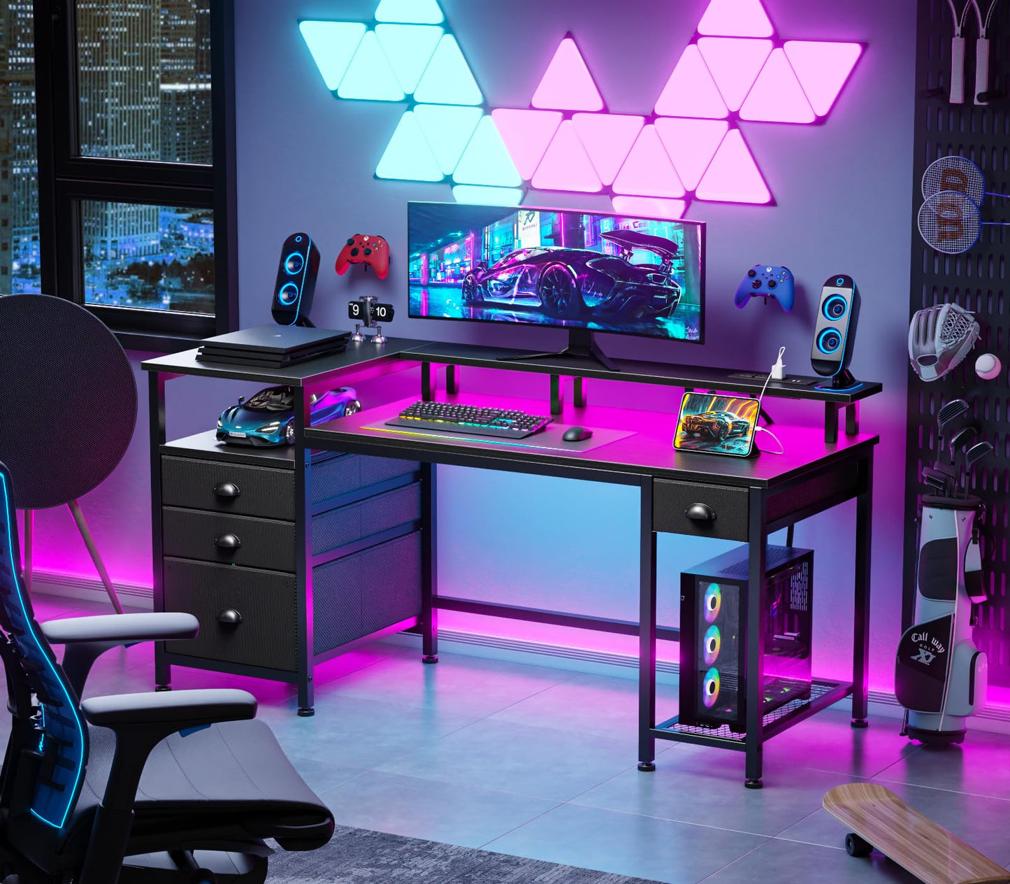 Furologee 60" Black Computer Desk with 4 Drawers and Printer Space, Gaming Desk with LED Lights and USB Power Outlets, Home Office Desk with Fabric File Cabinet,Study Work Table with Shelf for Bedroom