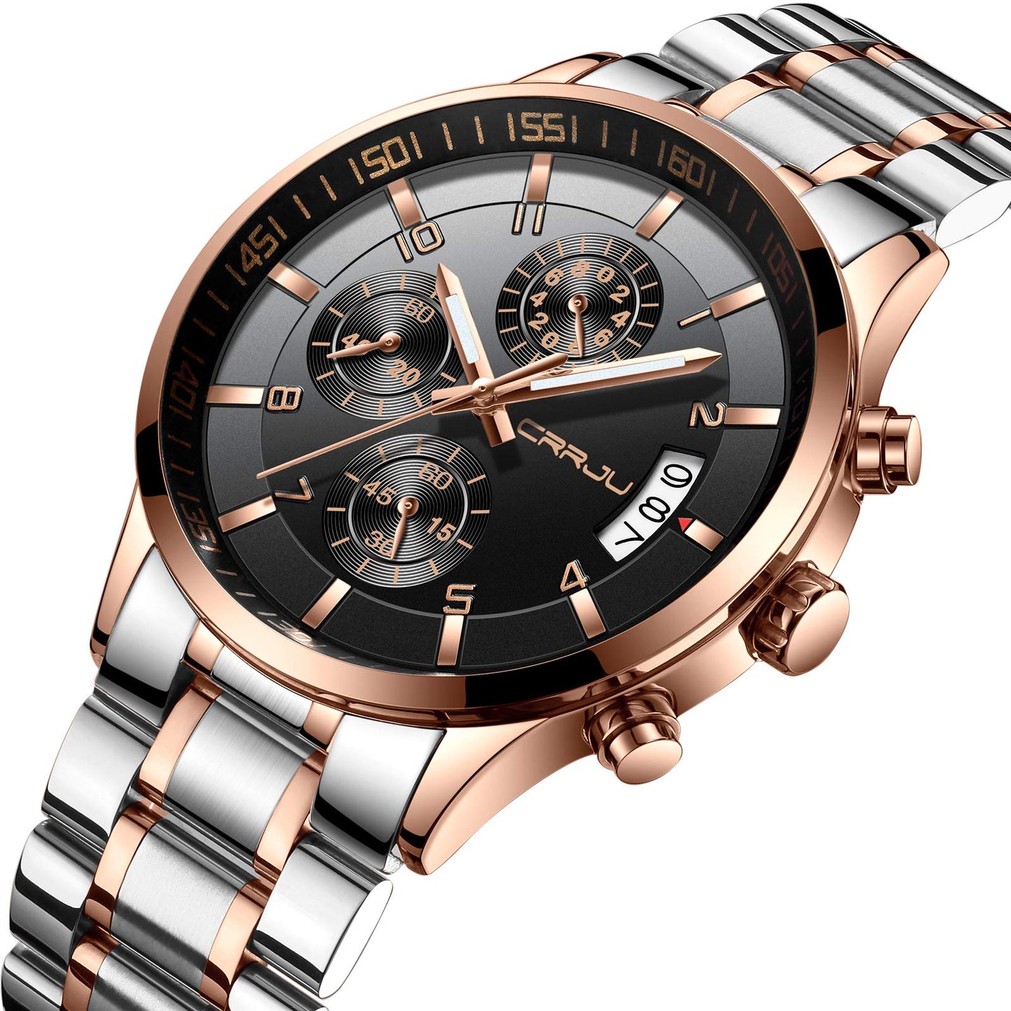 CRRJU Men's Fashion Stainless Steel Watches Date Waterproof Chronograph Wristwatches,Black Steel Band Waterproof Quartz Watch for Men