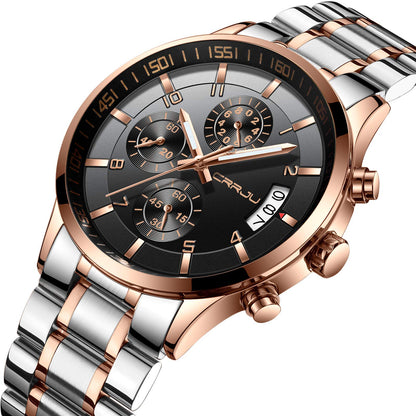 CRRJU Men's Fashion Stainless Steel Watches Date Waterproof Chronograph Wristwatches,Black Steel Band Waterproof Quartz Watch for Men